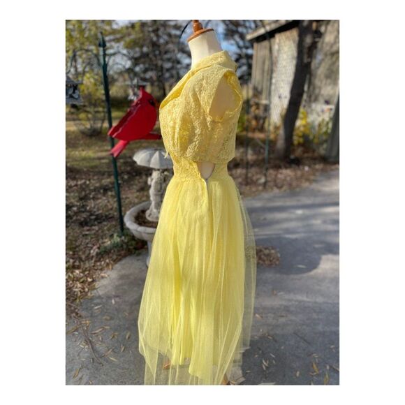 1950s Yellow Formal Dress Matching Bolero Lace Tulle Prom Wedding - Picture 7 of 16